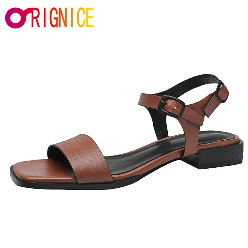 

Orignice New Arrival Summer Square Toe Women Shoes Comfy Soft Flat Heel Ladies Genuine Leather Gladiator Sandals Big Size 34-43