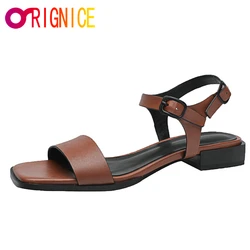 Orignice New Arrival Summer  Square Toe Women Shoes Comfy Soft Flat Heel Ladies Genuine Leather Gladiator Sandals Big Size 34-43