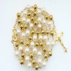 8mm Gold Crystal Pearl Necklace, Rosary Necklace and Gold Plated Cross Necklace Ladies Pearl Necklace