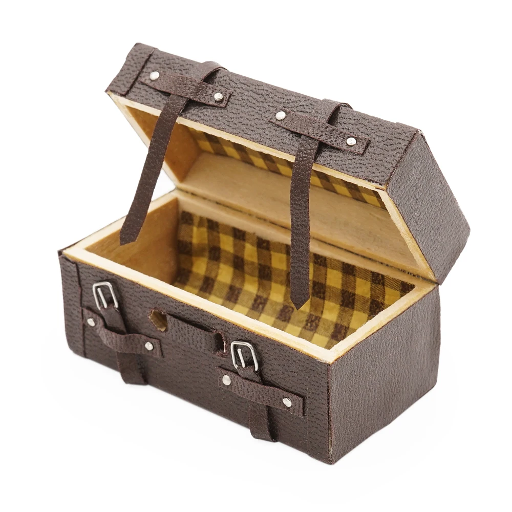 Odoria 1:12 Miniature Vintage Wooden Suitcase Chest with Leather Belt Home Room Set Dollhouse Accessories Doll House Decoration