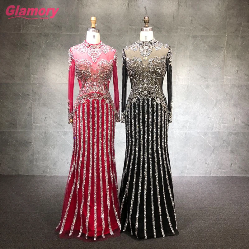 2020 New Women's Long Sleeve Dress Luxury Beading Mermaid Party Halter Neck Turkish Evening Dresses