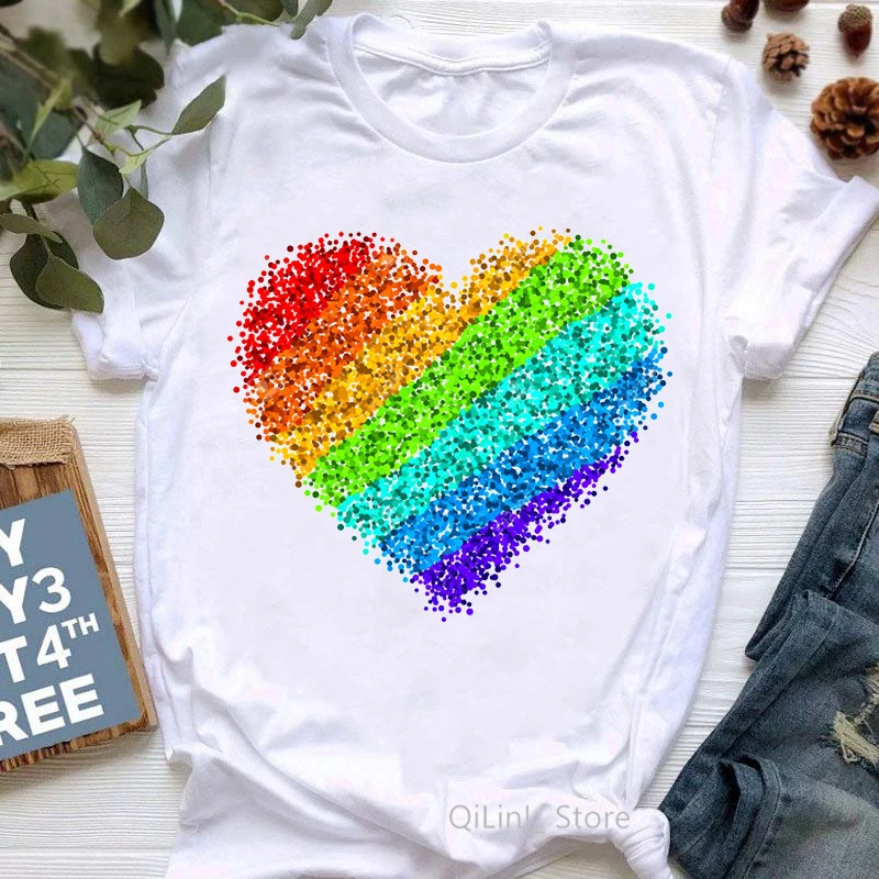 Rainbow Heart Print Lgbt T Shirt Summer Top Female T-Shirt Cute Girl Tumblr Clothes Tee Shirt Femme Streetwerar 90s 00s Tshirt