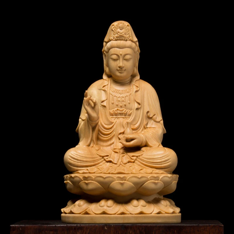 Kuan Yin Figurine, Guan Yin Wood Carving, Floral Base, Handcrafted, Wooden Buddha Sculpture, Artistry, Pristine Handmade