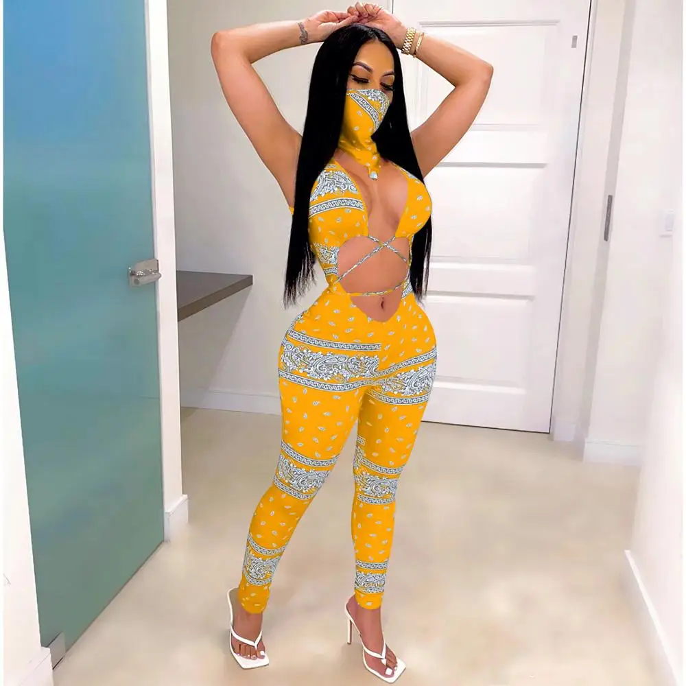 Women Summer Sport Sexy Lace Up Party Club Bandanna Print Cut Out Front Bodycon Jumpsuit with Face Towel Two Piece Set Rompers