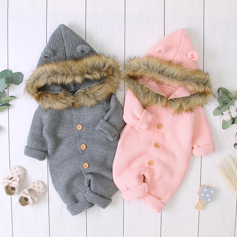 Newborn Baby Romper Long Sleeve Winter Toddler Boy Clothes Warm Solid Knit Infant Girl Jumpsuit Outfits Fashion Hooded Cute Ears