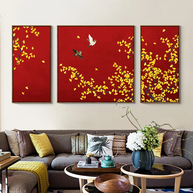 EECAMAIL DIY Diamond Painting Full Diamond Embroidery Chinese Style Ginkgo Leaf Flower Bird Triptych Hanging Painting No Frame