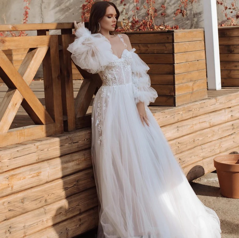 LORIE Vintage Hochzeit Kleider Puff Ärmeln Schatz Appliques Spitze Weg Von der Schulter Hochzeit Boho Brautkleid suknia slubna