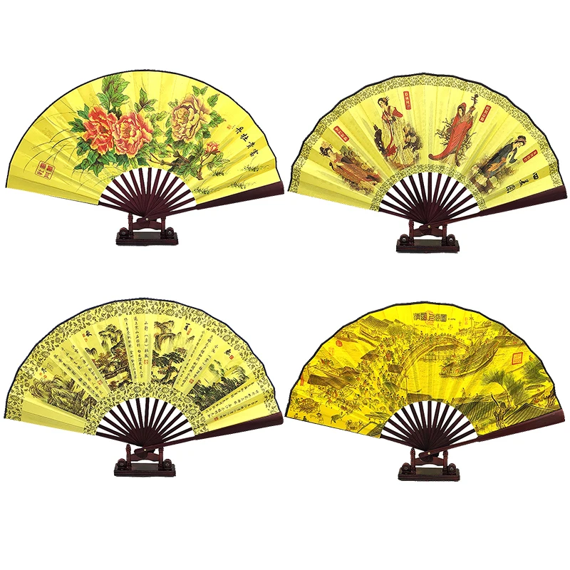 Large Folding Hand Fan for Men, Portable Decorative, Chinese Floral Animal Pattern, Traditional Silk Fabric Fans, Gift, 13 in