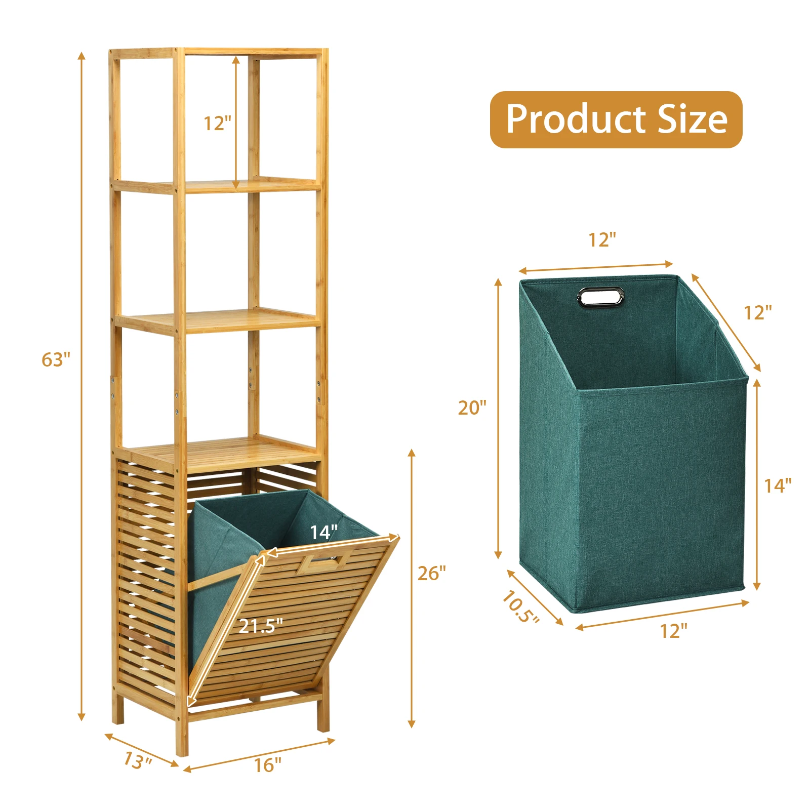 Costway Bathroom Tilt-out Laundry Hamper 3-Tier Shelves Bamboo Tower Basket