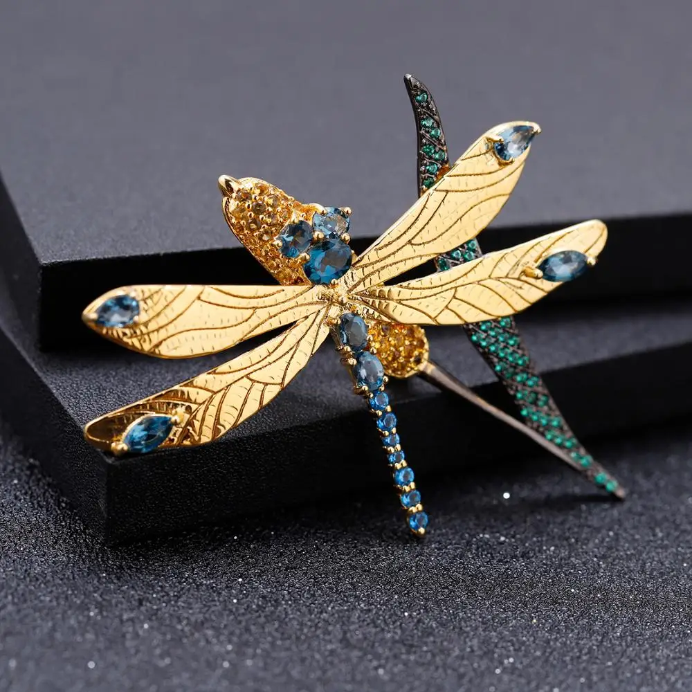 

GEM'S BALLET Natural London Blue Topaz Dragonfly Wheat ears Brooches For Women 925 Sterling Silver Gold Plated Animal Brooch