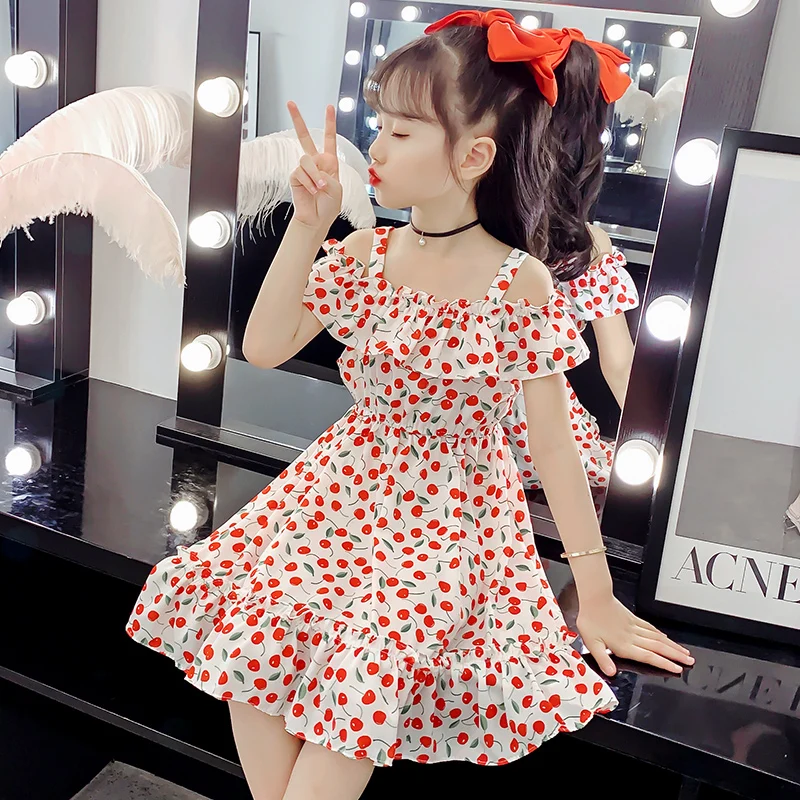 Girls Chiffon Dress Summer 2021 New Arrival Girls Floral Princess Dress Flounce Sling Clothes For Baby Girls Students