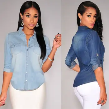 Sommer Mode Frauen Casual langarm tops Weiche Jean Denim Langarm-shirt Tops Bluse Jacken Femenino Camisas De Mujer