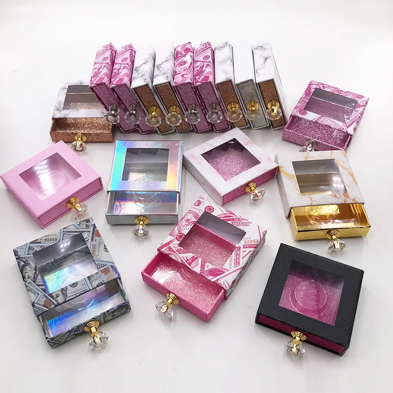 Wholesale Eyelash Packaging Box Crystal Handle Square Lash Boxes for 25mm Mink False Eyelashes Empty Money Marble Lashes Box