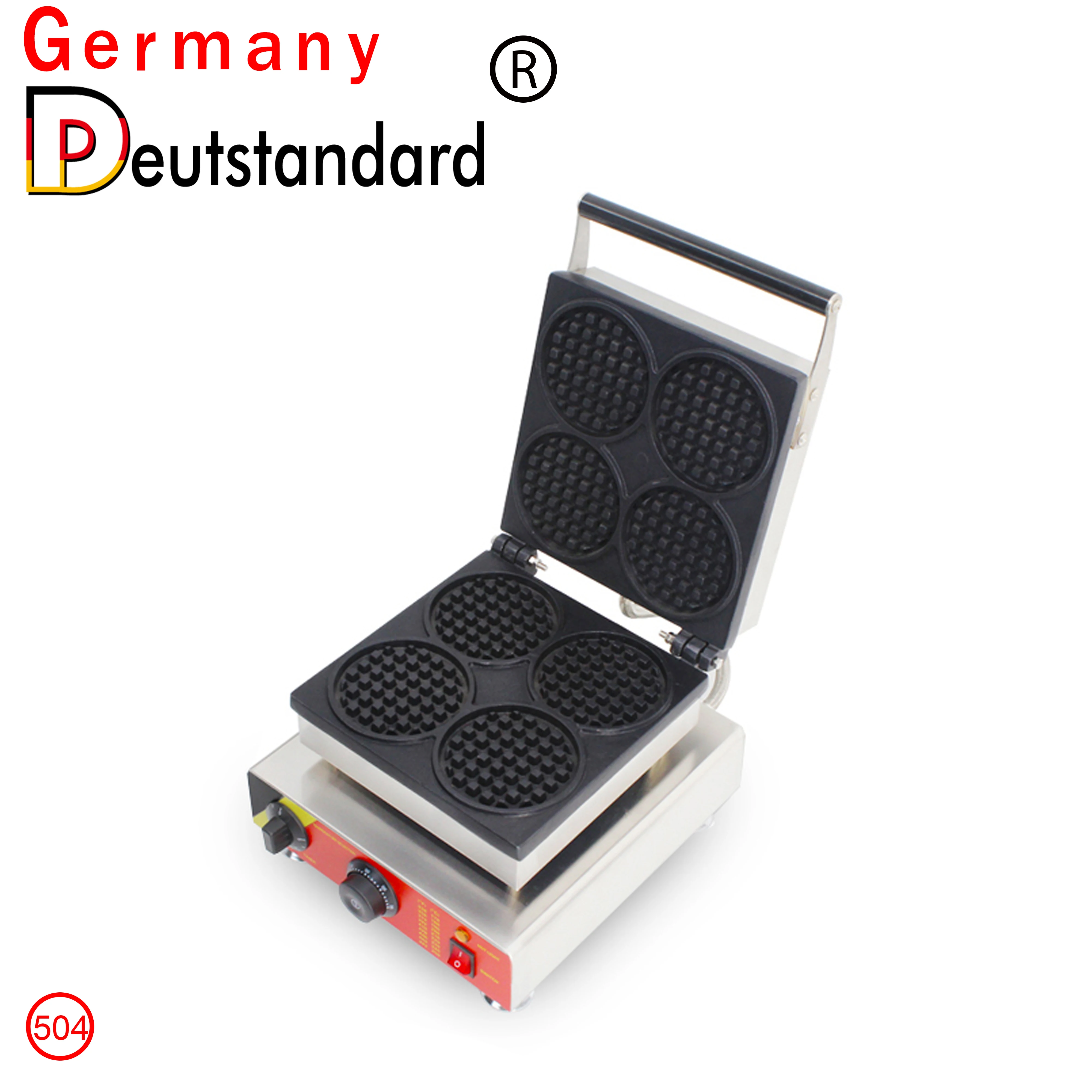 Mini máquina para hacer gofres de forma redonda, de acero inoxidable #201, para uso comercial, con CE, 4 unidades