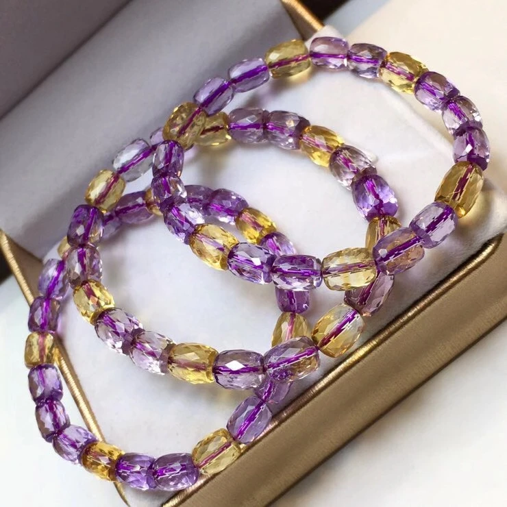 Natural Ametrine Purple Yellow Clear Barrel Faceted Beads Bracelet 6.3/7.5mm Rare Women Men Charms Crystal Jewelry AAAAA