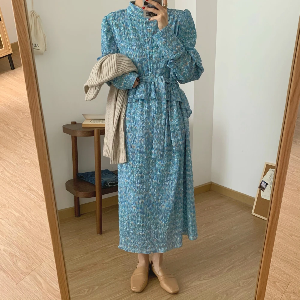 2021 Women Spring Vintage Stand Collar Long Floral Shirt Dress Full Sleeve Ruffle Waist Sashes A-line Midi Dresses