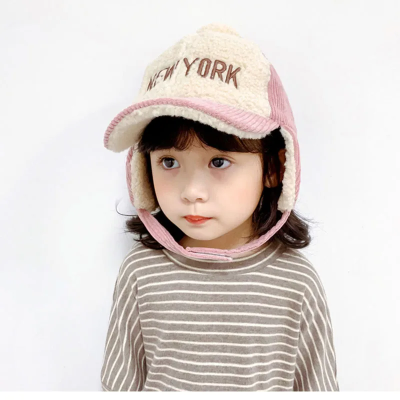 Doitbest Snapback Hat Kid Boys Girls Baseball Caps Hip Hop Cap NEW YORK Letters Winter Warm Children Sun Hats Kids Earflap Cap