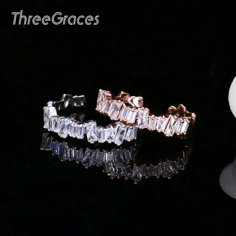 ThreeGraces New Arrival Women Fashion CZ Jewelry Rose Gold Color Cubic Zirconia Rectangle Baguette Ring for Wedding Party RG065