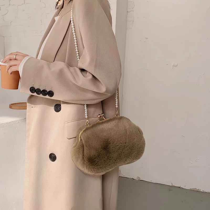 Soft Fluffy Bags Plush Frame Bags For Women 2021 Pearl Furry Shoulder Bags Solid Fur Luxury Designer Handbag Korean Clutch Bag