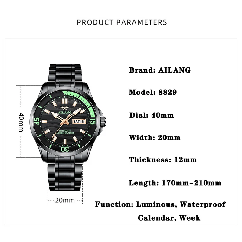 AILANG New Business Mens Mechanical Watches Top Brand Luxury Stainless Steel Sport Waterproof Automatic Watch Relogio Masculino