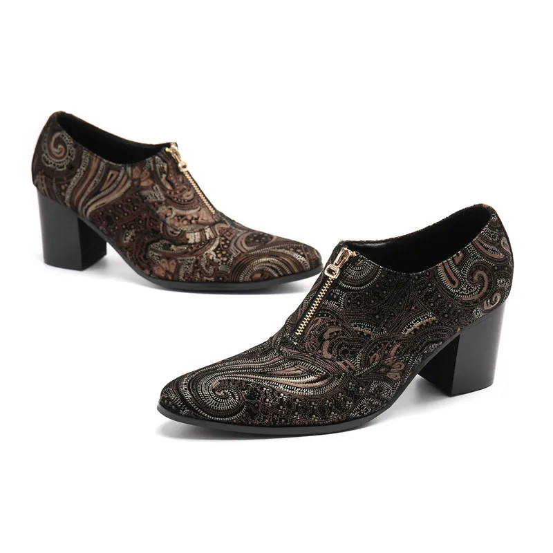 New Trendy High Heels Mens Printing Leather Wedding Dress Shoes Men Business Leisure Party Height Increase Shoes Size 37-46