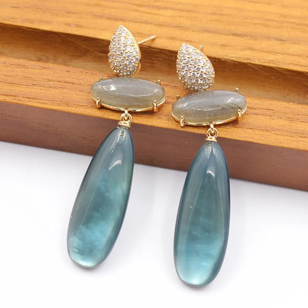 

Серьги-гвоздики GG из натурального синего стекла внутри, висячие серьги из лабрадорита