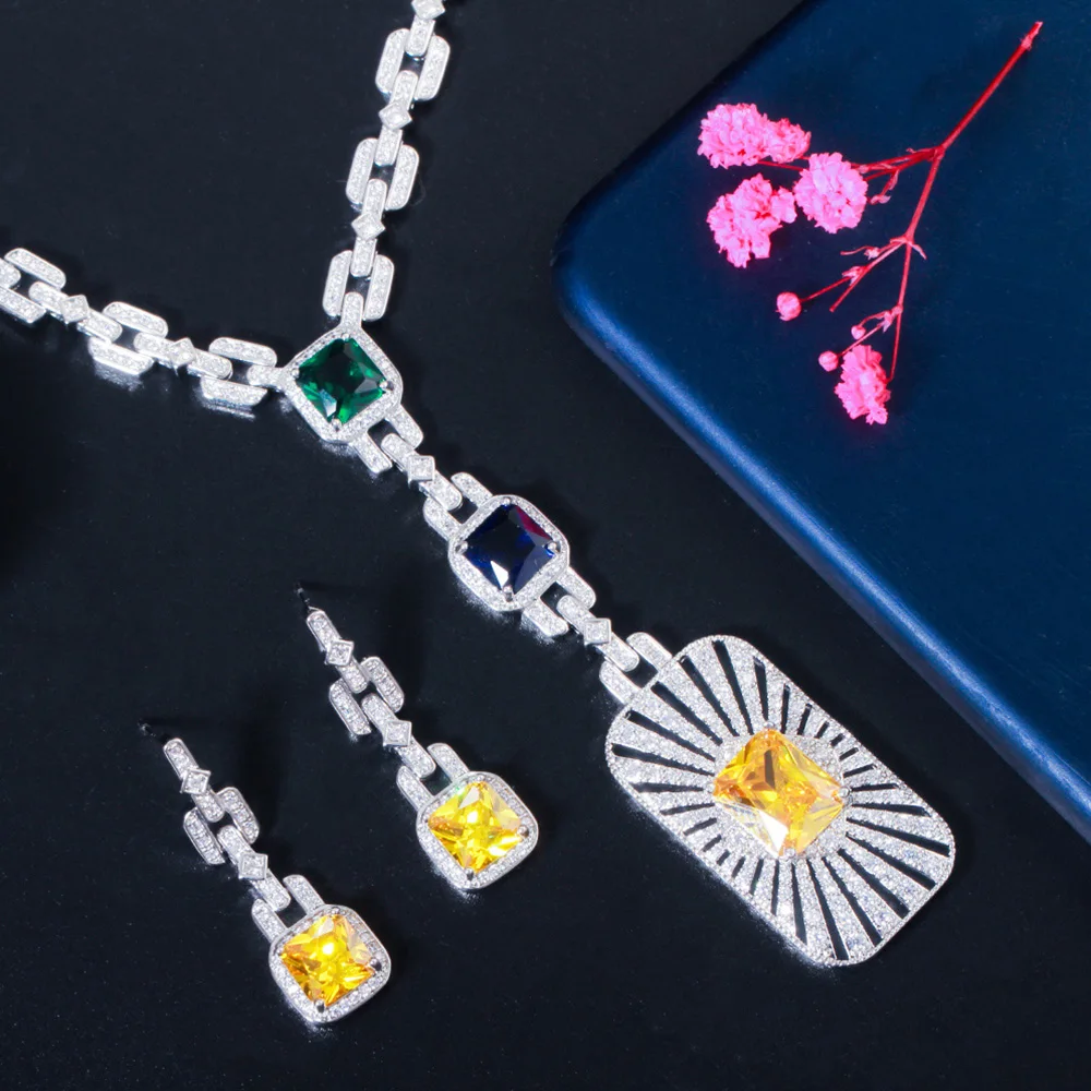 Pera Luxurious 2Pcs Colorful CZ Long Pendant Necklace Earrings Set for Women Wedding Dress Accessories Party Jewelry Bijoux J459