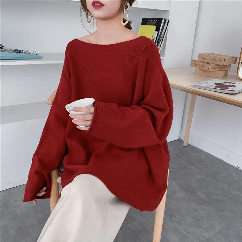 [ZAYAU]Wine Red Sweater women's Early Spring and Autumn Net Korean Loose Sexy Off Shoulder Pullover One Neck T-shirt 2021