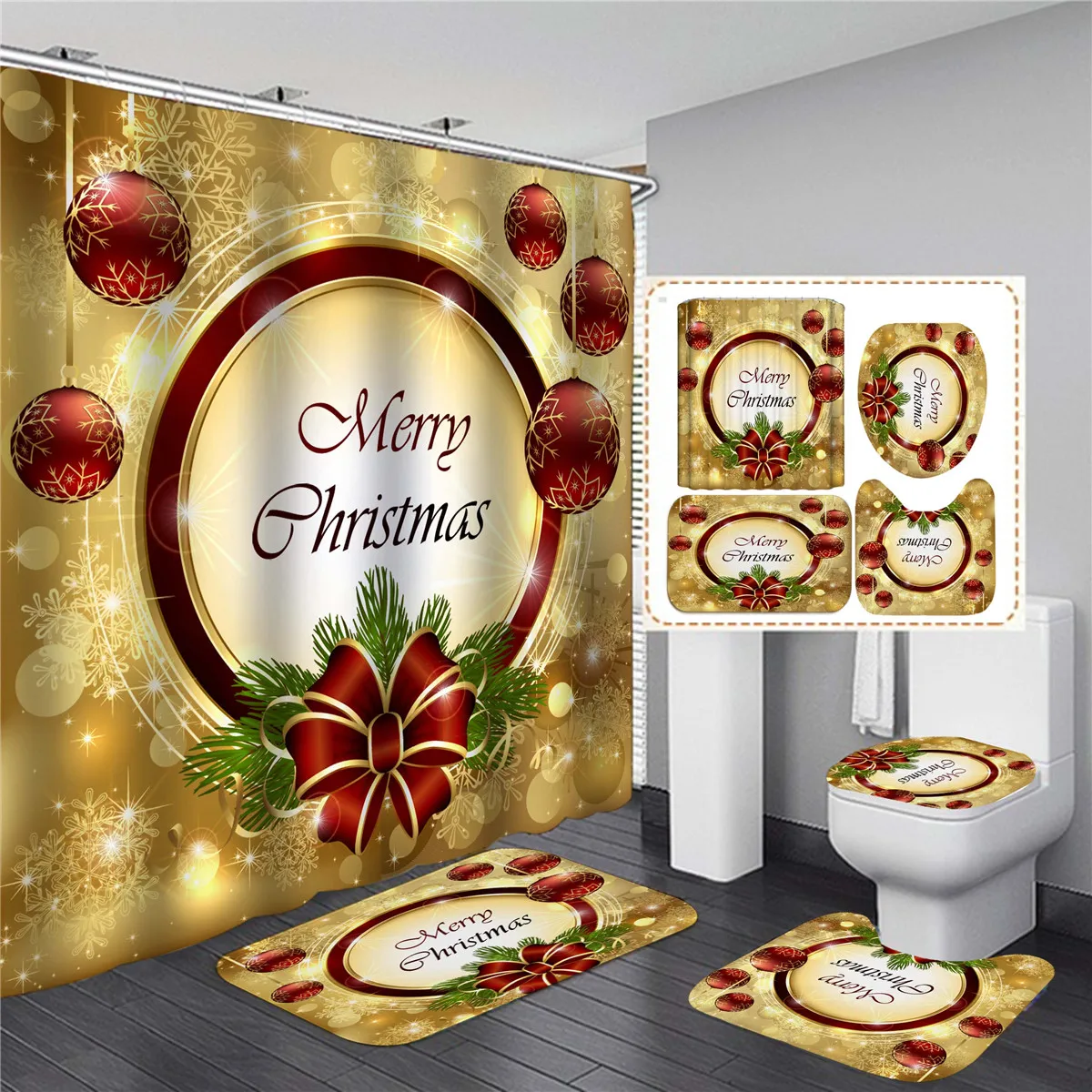 Cortina de chuveiro de natal feliz conjunto de banheiro de papai noel boneco de neve sino padrão cortinas de banho antiderrapante capa de vaso sanitário tapete de chão