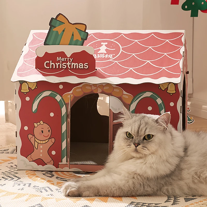 Hoopet Christmas Pet Sleeping House Cardboard Playing for Cats Small Dogs Scratacher Cat Condo Cozy Furniture for Four Seasons