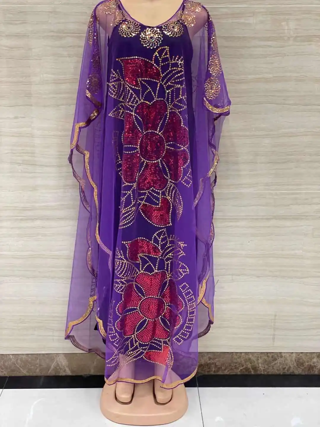 New Style African Women\'s Clothing Dashiki Abaya Fashion Gauze Fabric Sequins Bat Sleeve Loose Dress Free Size Single Piece
