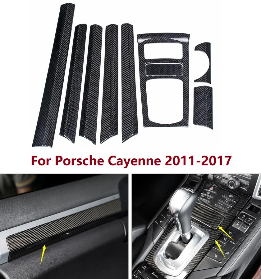 

9PCS Dry Carbon Fiber Interior Dashboard Trims Door Panel Gear Cover Set For Porsche Cayenne Turbo 2011- 2017 Car Accessories