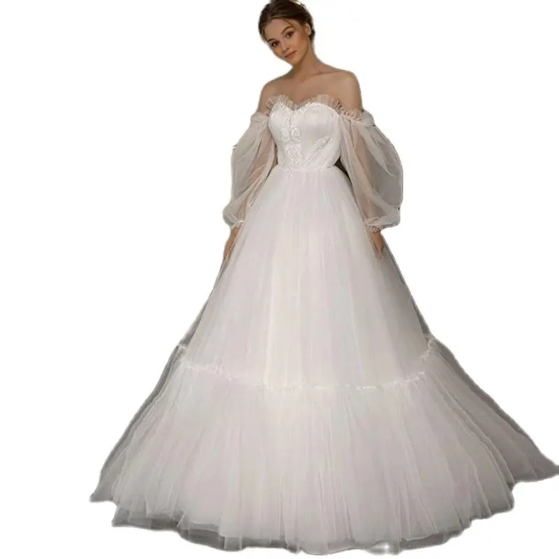 

A Line Removable Puff Sleeves Boho Wedding Dress Tulle Corset Bridal Gowns Princess Floor Length Wedding Party Dress