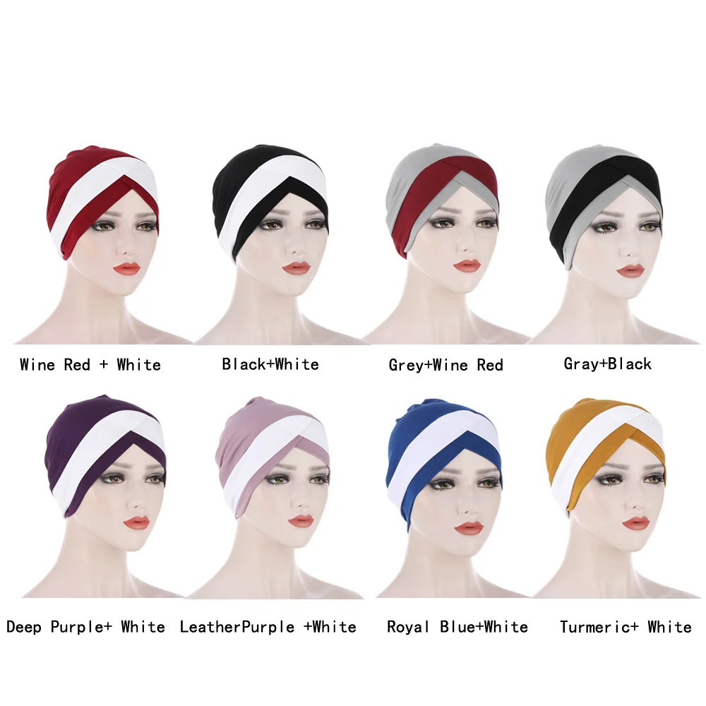 Women Stretchy Turban Hat Cross Head Wrap Hijab Cap Color Block Soft Headscarf Fashion Muslim Bonnet Hats Scarf High Quality