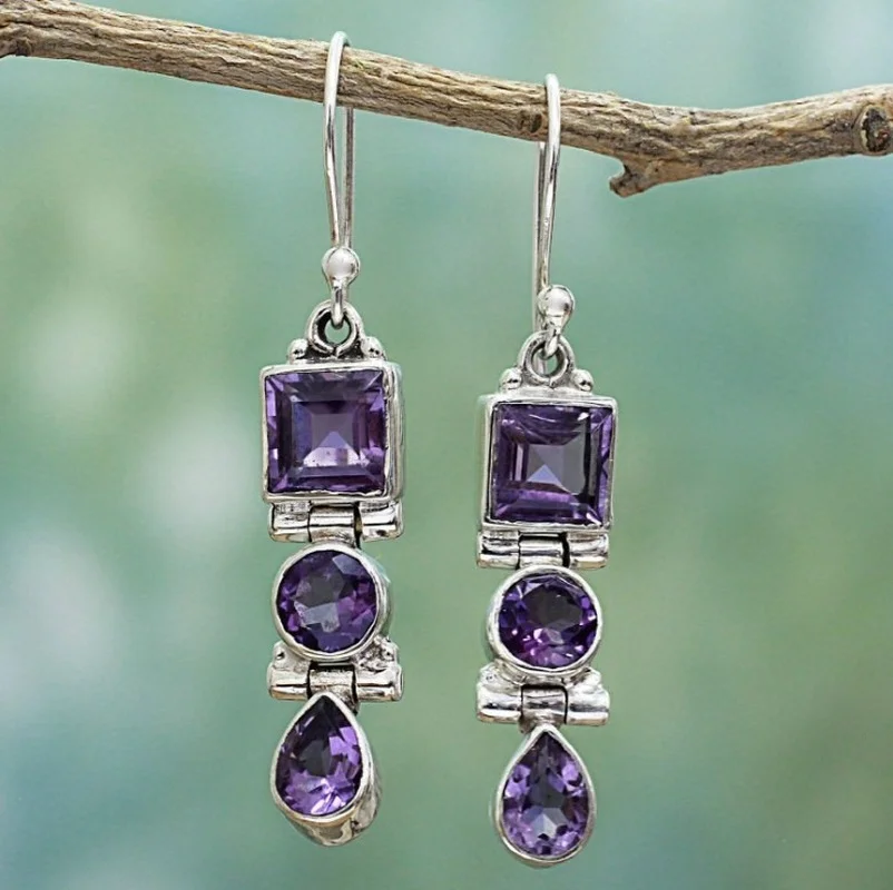 Exquisite Square Purple Cut Zircon Drop Earrings Korean Fashion Lavender Crystal Stone Statement Dangle Long Jewelry