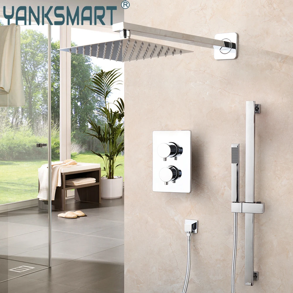 

YANKSMART 10 Inch Rainfall Chrome Polished Shower Bathroom Bathtub Shower System Concealed Wall Mounted Bath Mixer Tap combo kit