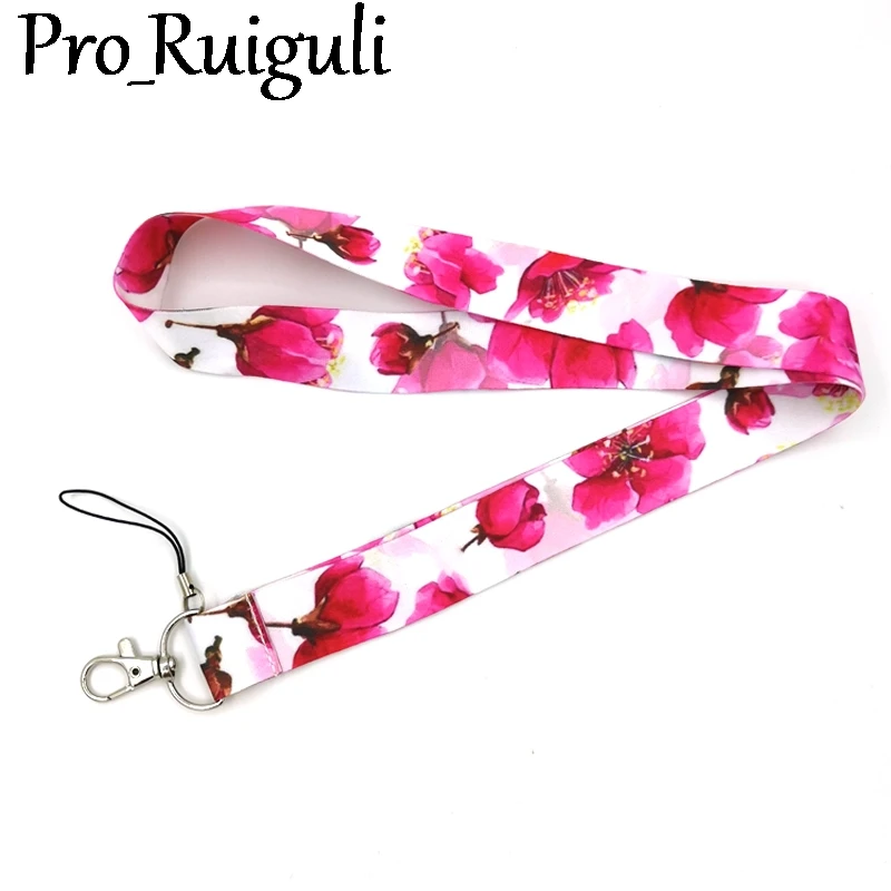 Red Flowers Creative Lanyard Card Holder Student Hanging Neck Phone Lanyard Badge Subway Access Card Holder Accessories