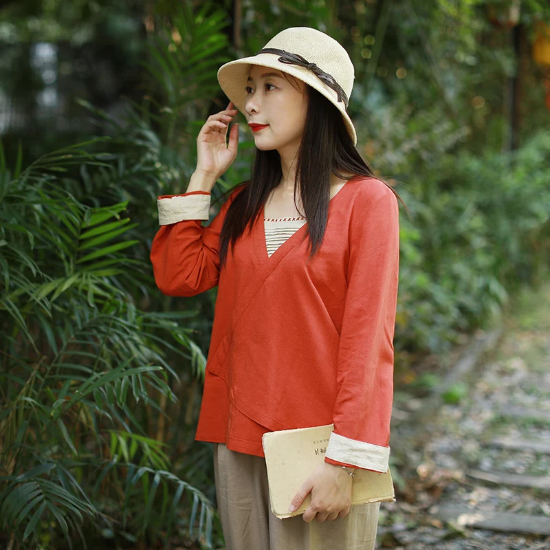 Lzjn COTTO Linen Top 2020 Mùa Xuân Nữ Áo Sơ Mi Giả Hai Mảnh Cổ V Dân Gian Hanfu Blusas Truyền Thống Trung Quốc Áo Kiểu Cho phụ Nữ