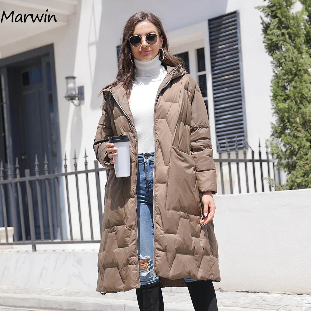 Marwin 2022 Women 90% White Duck Down Coats Light Duck Down Thick Jackets Solid High Waist Warm Casual Long Hooded Down Jacket