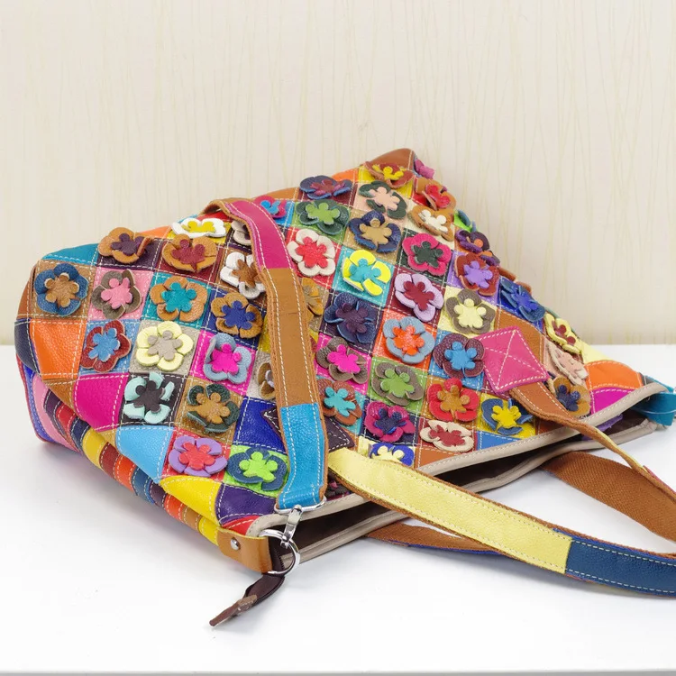 High Quality Real Leather Casual Colorful Design handbag Shoulder bag Women Fashion Flower Color Block Tote bag 668