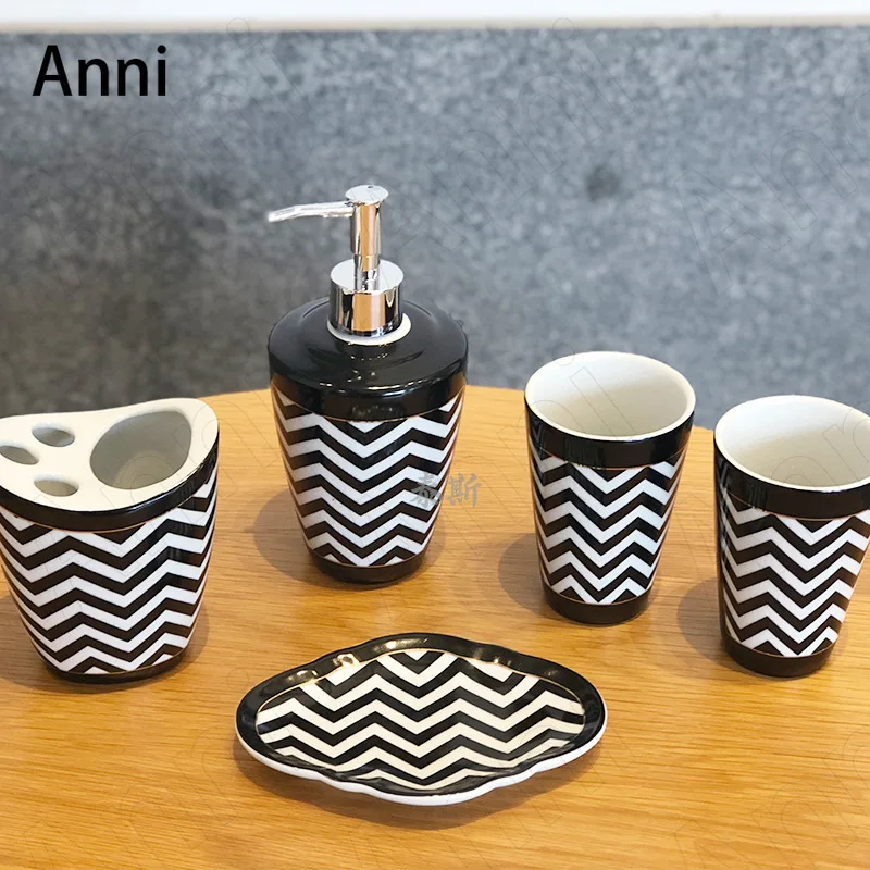 

Creativity Stripe Decorative Bathroom Accessories Set Ceramic European Five Piece Set Shower Accessories Home Decoration Modern