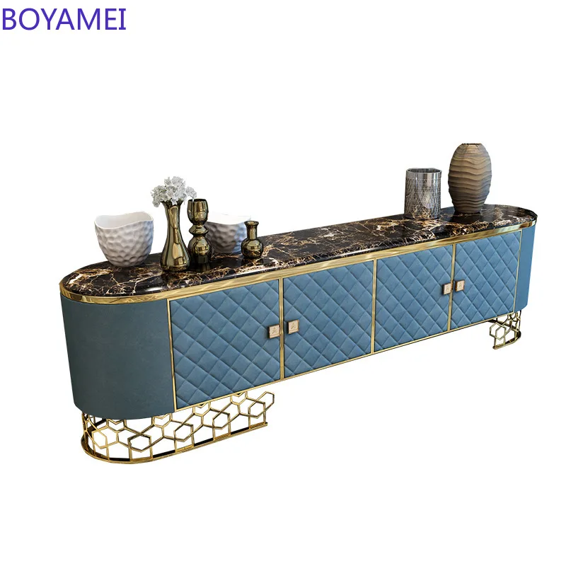

Post-modern luxury TV cabinet coffee table combination living room stainless steel gold-plated luxury high marble TV cabinet