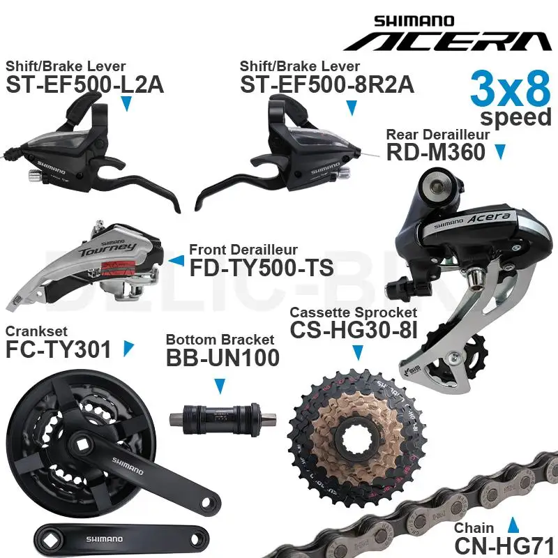 SHIMANO ALTUS Acera 3x8 Speed Groupset include EF500 Shifter TY500 Front/ M360 Rear Derailleur Crankset Cassette Sprocket Chain