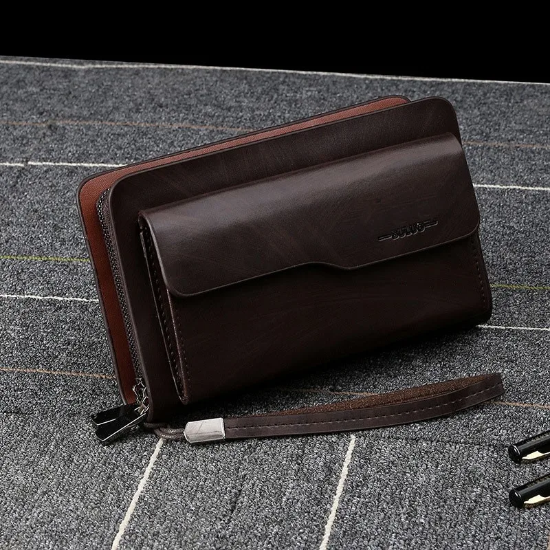 Men\'s Leather Wallet Luxury Brand Clutch Bag  Long Purse Double Zipper Money Clip Black Business Organizer Wallet Male Handy Bag