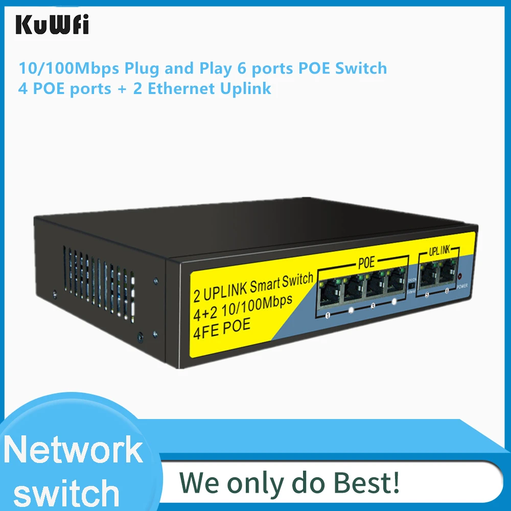 KuWFi 6 port /4 Port PoE Switch, 2 Port Uplink Power Over Ethernet 802.3af/at 78W, Unmanaged Metal Smart Network Switch