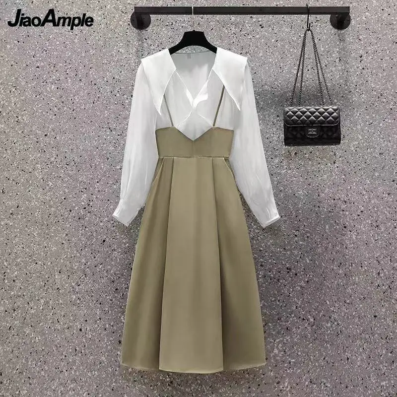 2021 Autumn New Trendy Skirt Suit Women Elegant Slim White Shirt Dress Set French Vintage Top Blouse Suspender Skirts Two-piece