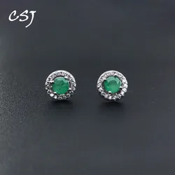 CSJ Real Natural Emerald 1.1ct Stud Earring 925 Sterling Silver Gemstone 5mm Fine Jewelry for Women Lady Wedding Party