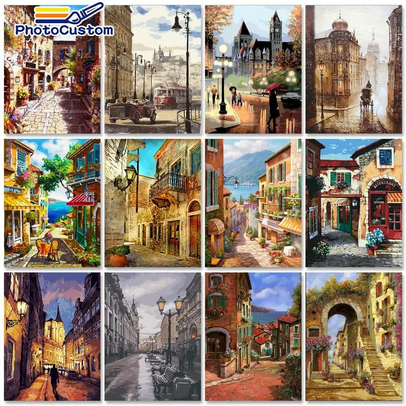 

PhotoCustom 60x75cm Paint By Numbers City Scenery DIY Oil Painting By Numbers On Canvas Frame Number Painting Home Decor