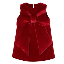 2022 New Year Child Big Bow Red Corduroy A-line Dress Party Princess Kids Dresses For Girls  Christmas Clothing 1-6 Year Old