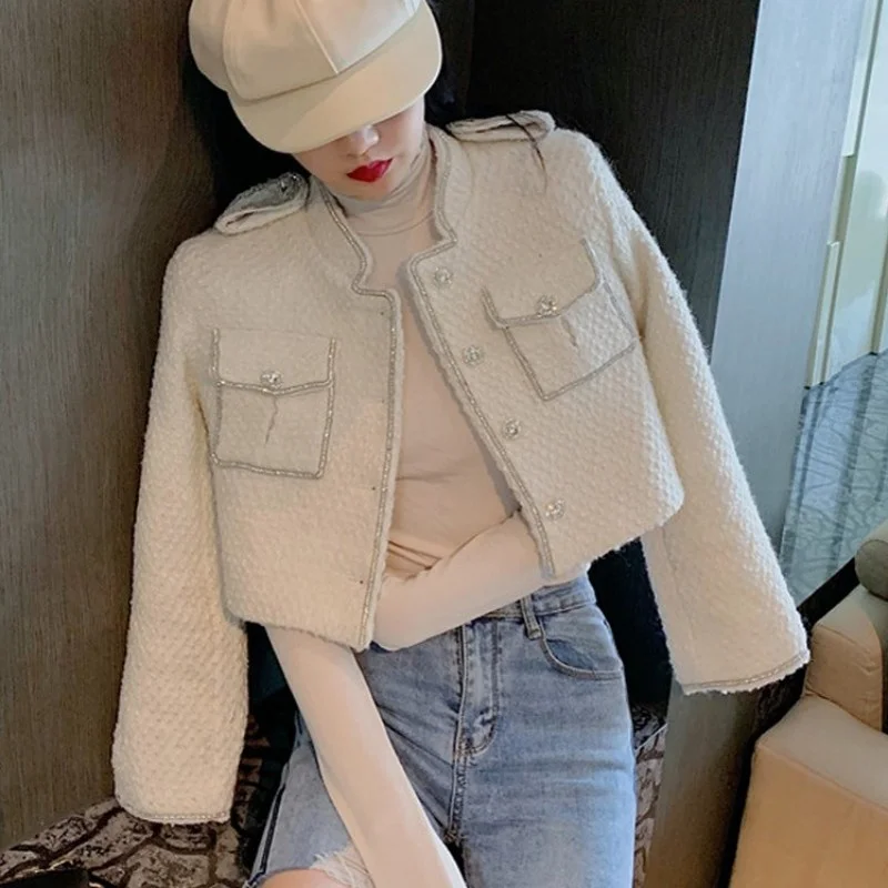

Stand Fashion Collar Tweed Jacket Women Diamonds High Waist Outerwear Tops Vintage Single Breasted Elegant Female Short Coats